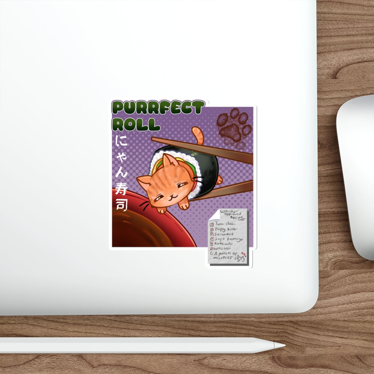 Purrfect Roll Die-Cut Sticker — Cute Cat Sushi Illustration