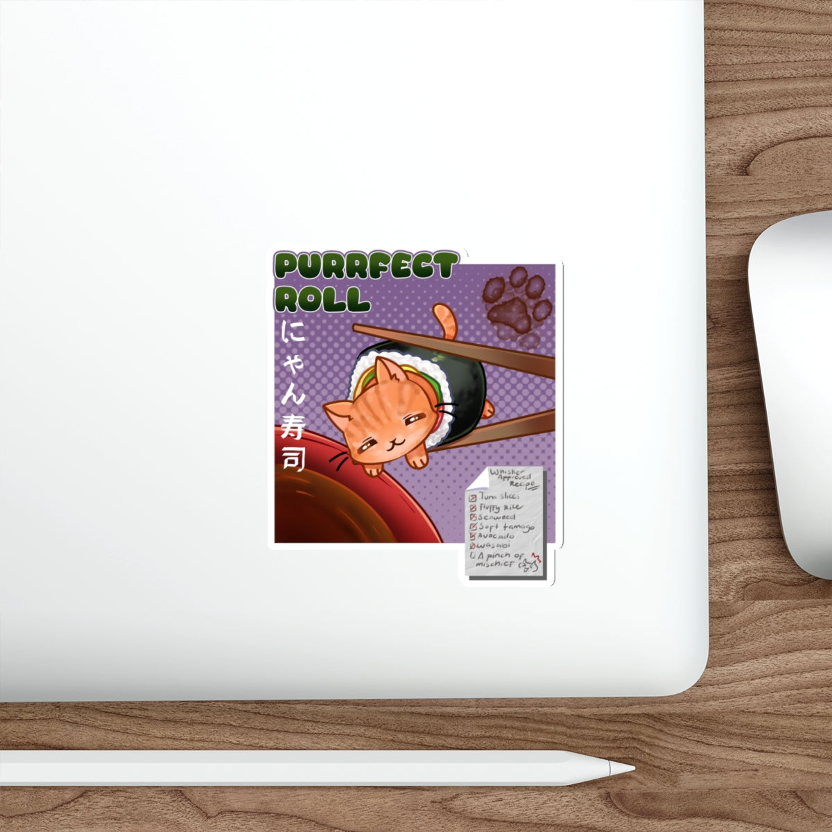 Purrfect Roll Die-Cut Sticker — Cute Cat Sushi Illustration